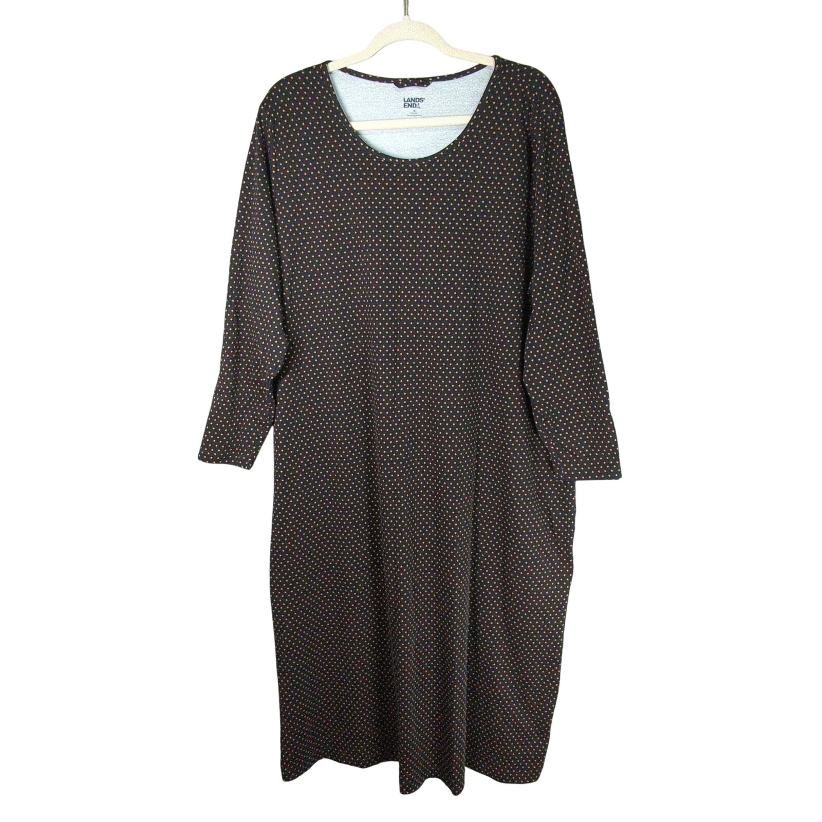 Lands End Dress Womens Plus 1x Black Polka Dot Cotton Knit Long Sleeve